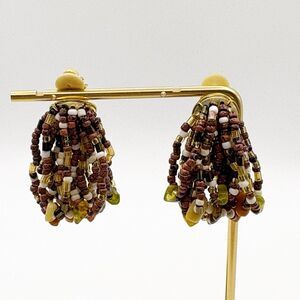 Vintage Beaded Clip On Dangle Earrings Neutral Fall Colors